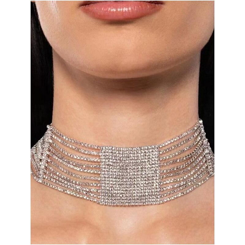 Women's Rhinestone Multi-Strand Choker Necklace - Sparkly Statement Jewelry for Glamorous Party and Evening Wear
