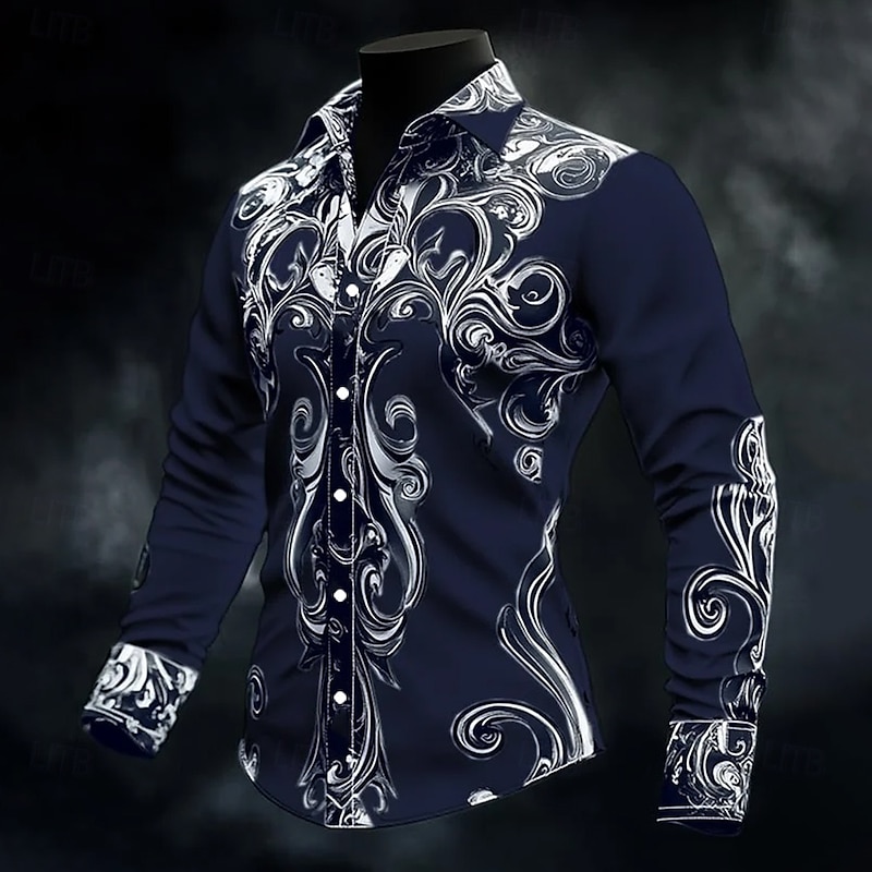 Men's Geometric Scrollwork Halloween Costumes Shirt Button Up Shirt Casual Dress Shirt Long Sleeve Dark Gothic Style Vacation Daily Streetwear Summer Spring Turndown 3D Print Collared Shirts Black4