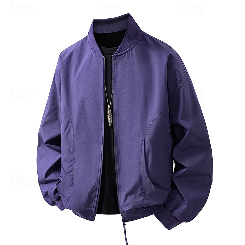 Men's Jacket Casual Jacket Outdoor Vacation Warm Zipper Pocket Fall Winter Plain Fashion Streetwear Standing Collar Regular Black Purple Beige Jacket