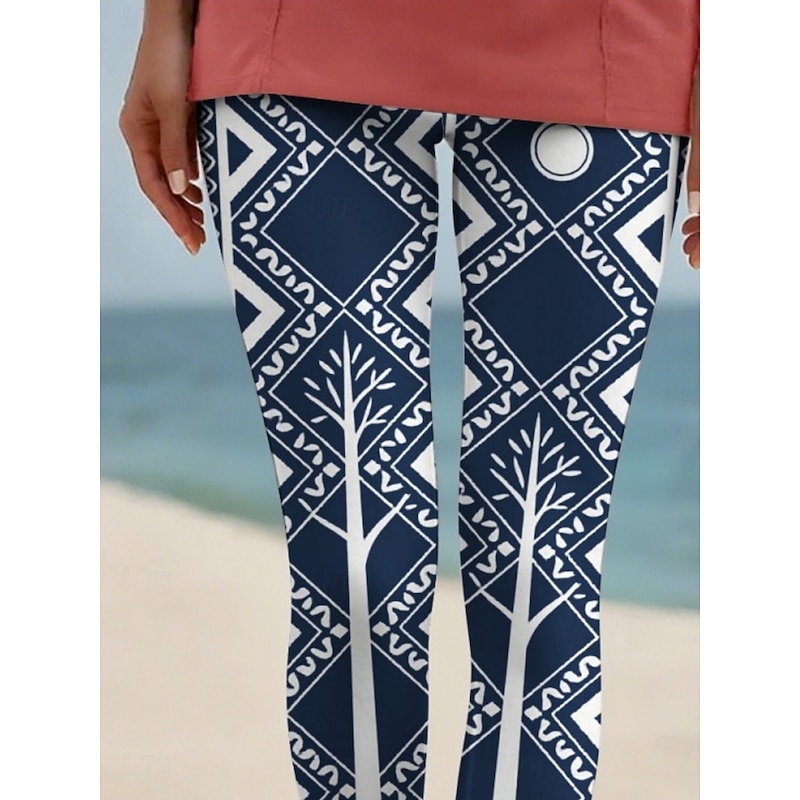 Women's Pants Trousers Leggings Ethnic Style Casual Full Length High Waist Geometric Elastic Waist Print Breathability Comfortable Stretchy Vacation Street Daily Wear Blue Summer Spring Fall Regular2