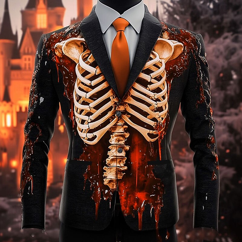 Men's Skeleton Blazer Jacket Casual Dark Festival 3D Print Spring Fall Winter Notch Long Sleeve Red Orange Green2