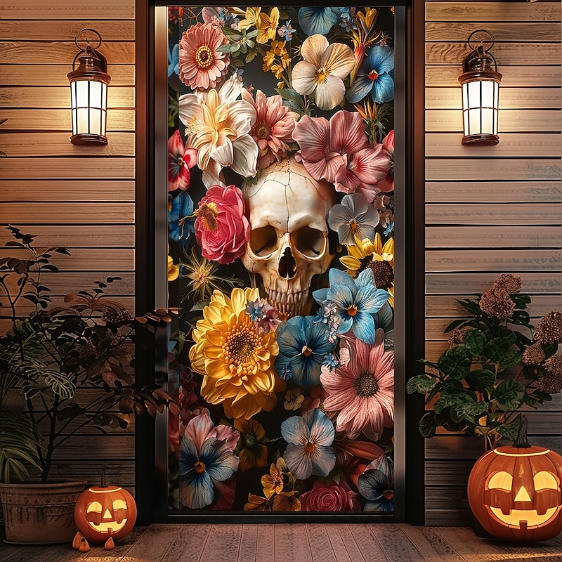 Halloween Door Cover Outdoor Banners Skeleton Flower Psychedelic Dark Punk Gothic Style Party Outdoor Shooting Backgrounds Front Door Wall Porch Home Decor