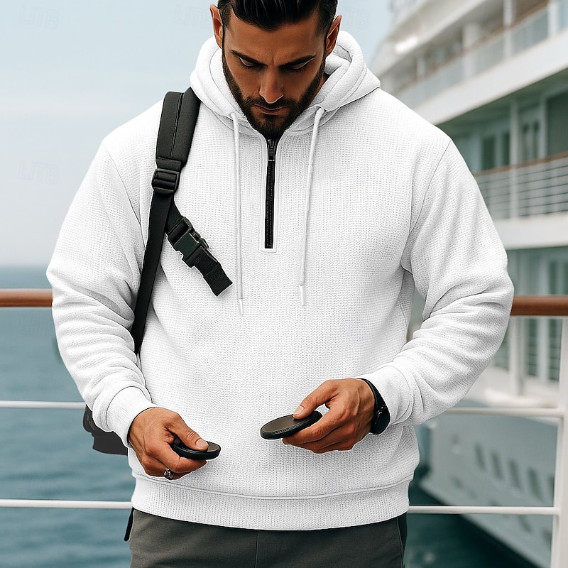 Men's Hoodie Pullover Hoodie Sweatshirt Quarter Zip Hoodie Black White Blue Khaki Gray Hooded Plain Textured Sports & Outdoor Casual Daily Streetwear Cool Sportswear Spring &  Fall Clothing Apparel3