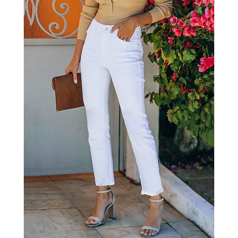 Women's Slacks Cropped Pants Straight Streetwear Casual Full Length Natural Plain Pocket Comfortable Street Holiday Daily Wear White Fall Regular Fit2