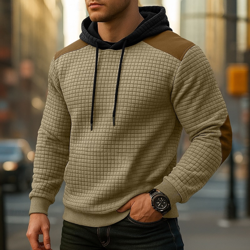 Men's Hoodie Waffle Hoodies Pullover Hoodie Sweatshirt Apricot Black Army Green Light Grey Hooded Plain Patchwork Color Block Sports & Outdoor Casual Daily Streetwear Cool Sportswear Spring &  Fall
