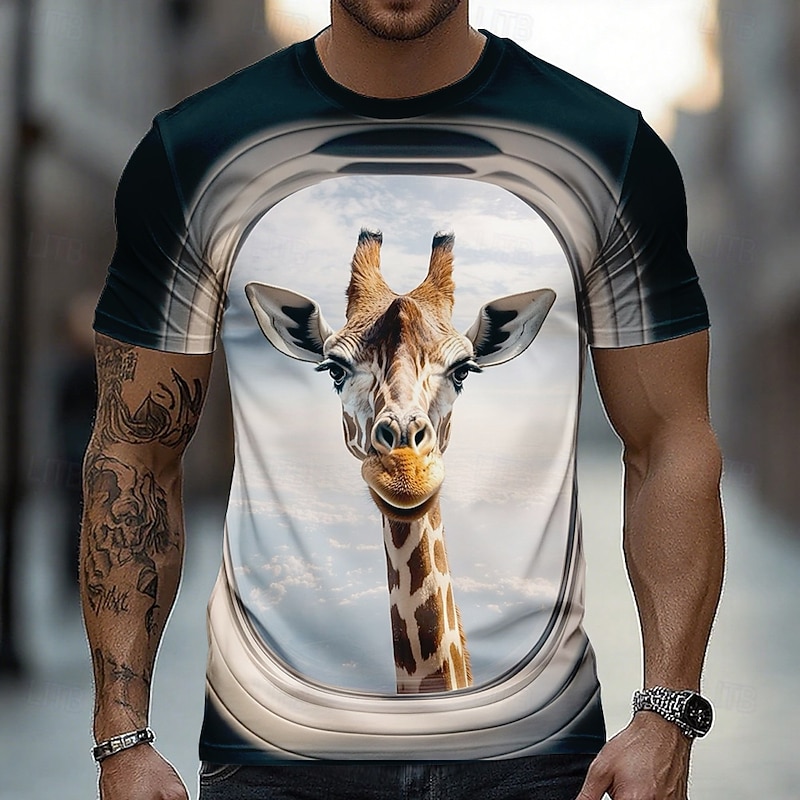 Men's Giraffe 3D Funny T Shirt Short Sleeve T shirt 3D Print Crew Neck Shirt Exaggerated Designer Party Holiday Blue Khaki Summer Spring Clothing Apparel S M L XL XXL XXXL2