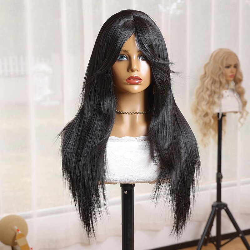 Synthetic Wig Yaki Straight Natural Straight Middle Part Machine Made Wig 24 inch Black Synthetic Hair 24 inch Women's Soft Comfortable Black2