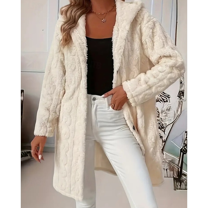 Women's Coat Faux Fur Coat Warm Comfortable Buttons Casual Plain Outdoor Daily Wear Going out Casual Daily Single Breasted Long Hooded Regular Fit Long Sleeve Outerwear Beige Winter2