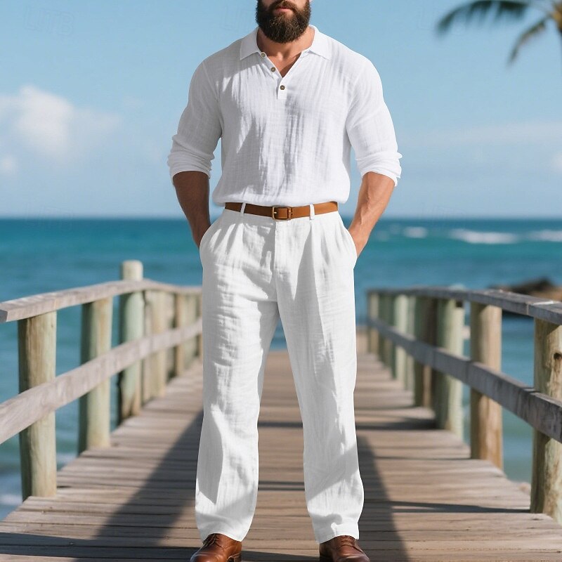 Men's Linen Set T-shirt Suits Shirt and Pant Sets 2 Pieces Outfits Long Sleeve Lapel Spring Fall Plain Fashion Casual 2 Piece Vacation Daily Wear Going out Black White Khaki Top Tee for Men3