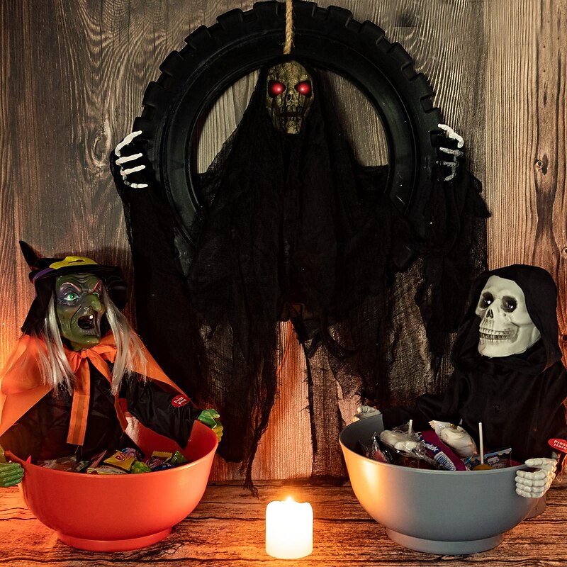 Animated Halloween Wreath Decoration Prop for Front Door Talking and Moving Black Grim Reaper Haunted House Decor3