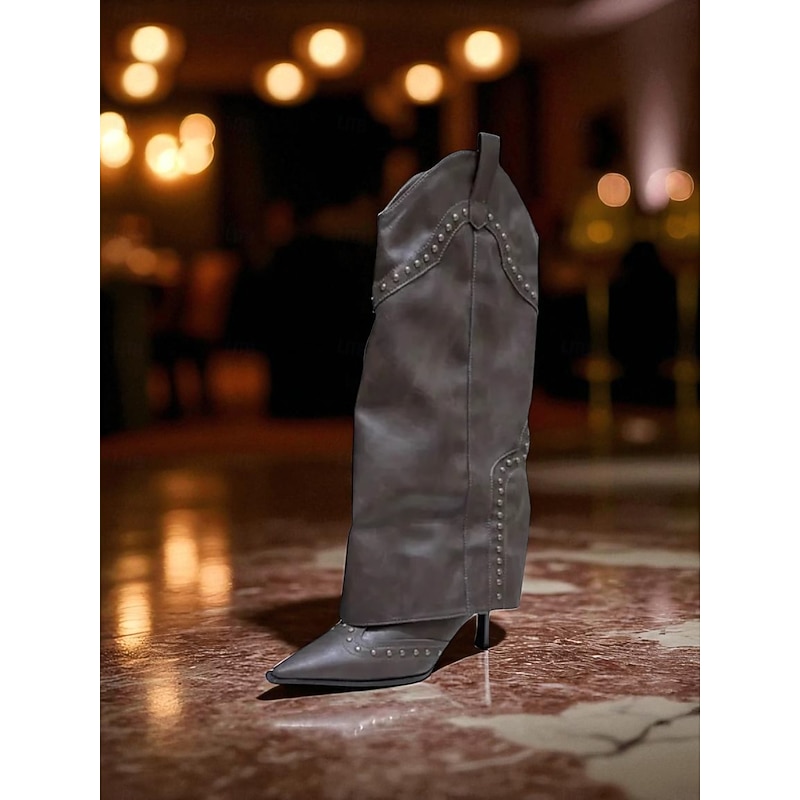 Women's Slouch Knee High Boots with Studded Detailing Pointed Toe Stiletto Heel Retro Western Style Boots for Urban Fashion Wear2