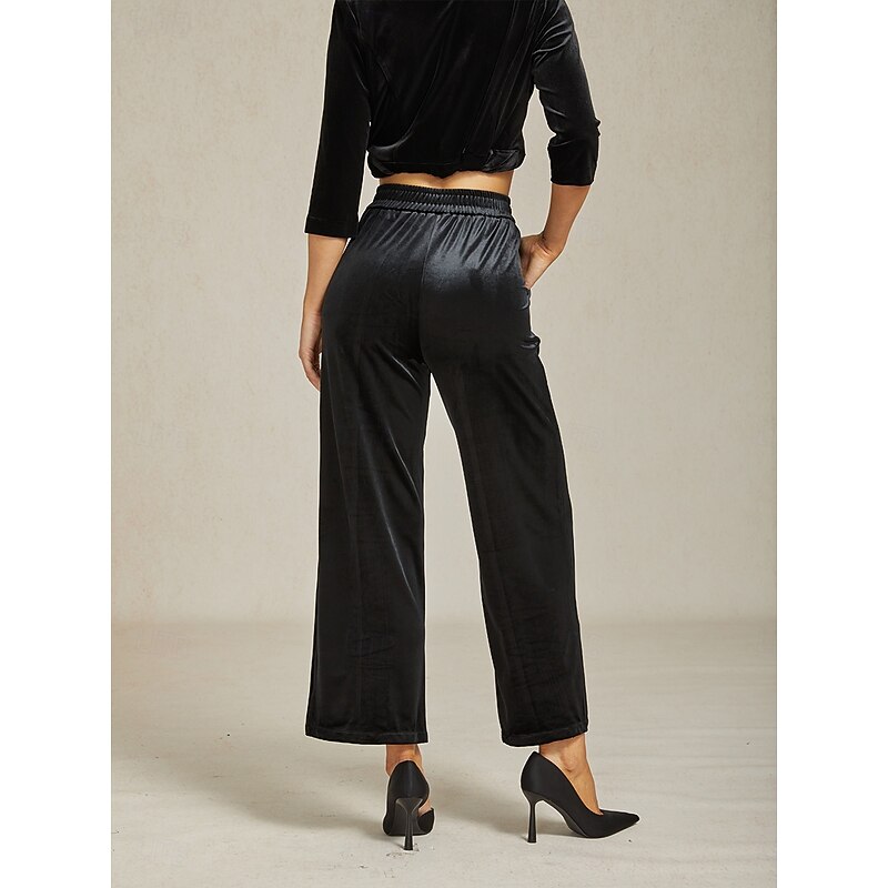 Women's Wide Leg Chinos Elegant Vintage Classic Style Ankle-Length High Waist Solid Color Elastic Waist Vintage Style Wide Leg Thermal Warm Comfy Stretchy Formal Wedding Party Black Spring Fall Winter2