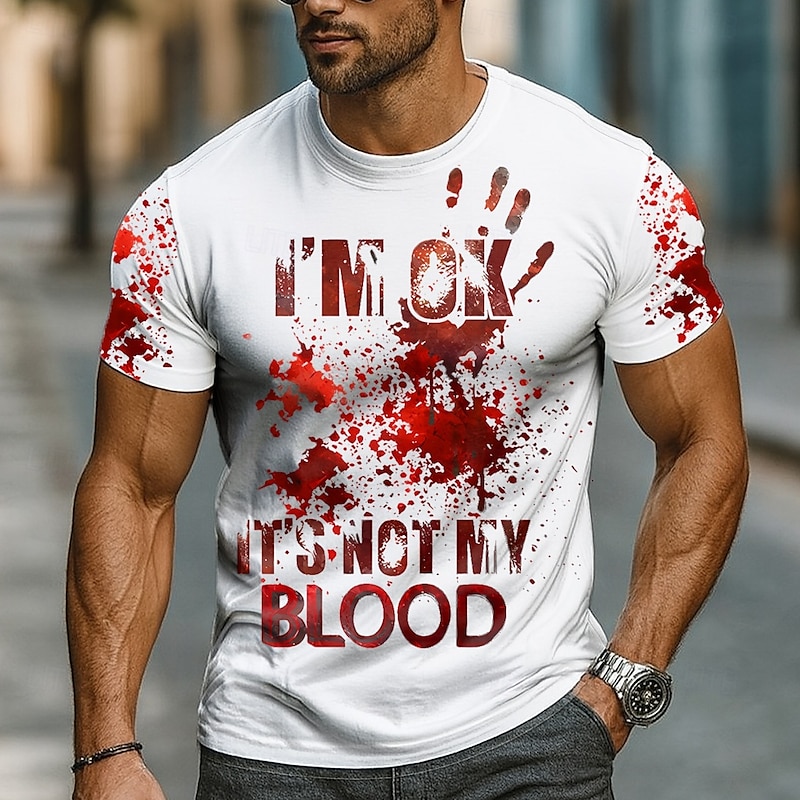 Halloween Men's Blood Splatter Blood stains T Shirt Short Sleeve T shirt 3D Print Crew Neck Shirt Exaggerated Designer Horror Party Street Casual Black White Khaki Summer Spring Clothing Apparel S M2