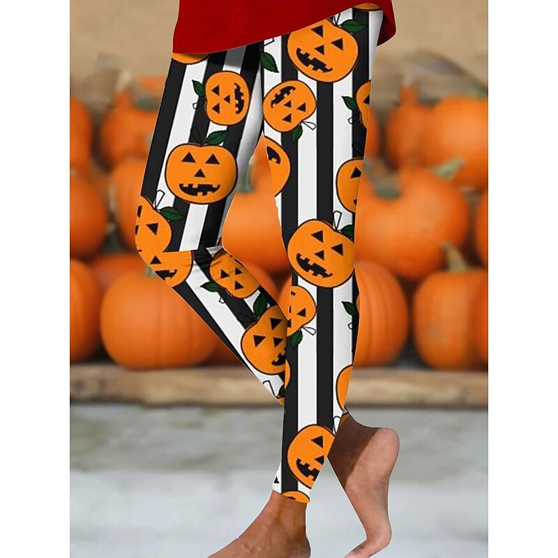 Women's Leggings Vintage Basic Casual Full Length High WaistPantsHalloween Graphic Pumpkin Halloween 3D Print Quick Dry Breathability Soft Stretchy Street Daily Festival Black White Orange Fall Skinny2