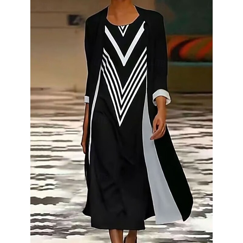 Women's Dress Set Maxi Dress Shift Dress Summer Dress Casual Graphic Geometric Layered Print Maxi Dress 3/4 Length Sleeve Crew Neck Daily Black Blue Orange Spring Fall Loose Fit2