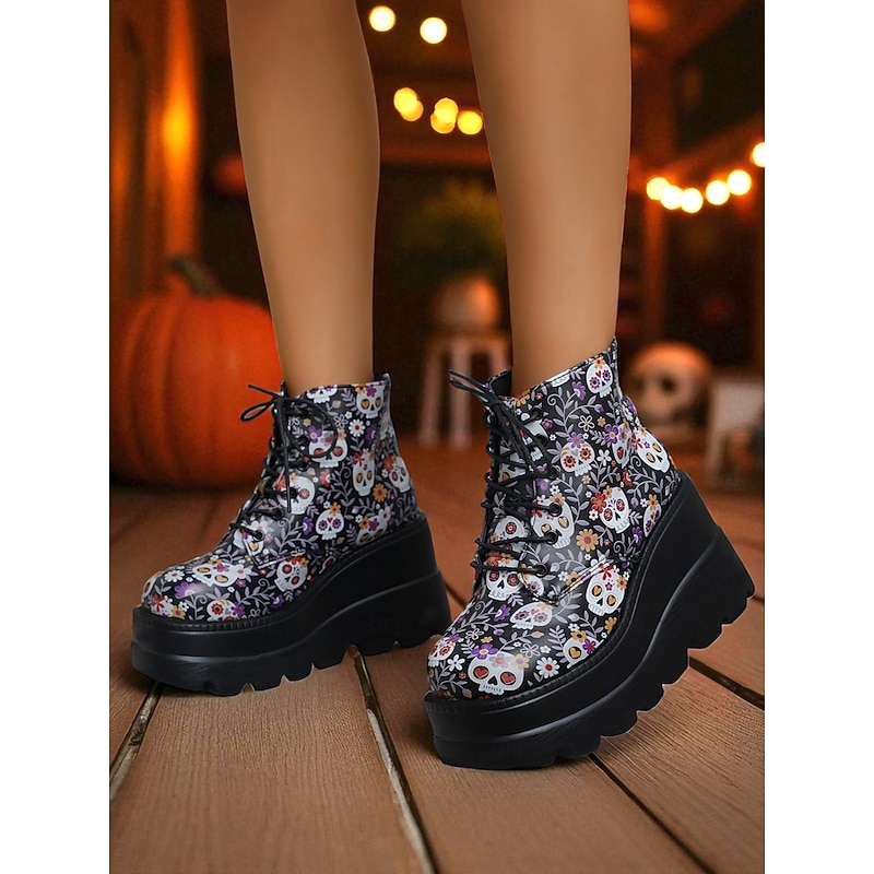 Women's Black Platform Skull Lace-Up Boots - Halloween Chunky Sole Gothic Ankle Boots for Fall Parties, Cosplay and Day of the Dead