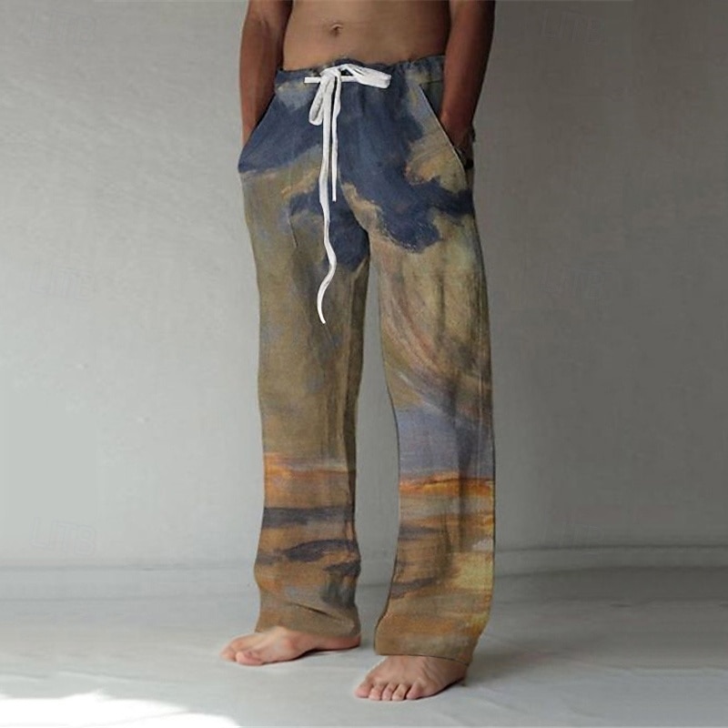 Men's Trousers Summer Pants Baggy Beach Pants Elastic Drawstring Design Front Pocket Straight Leg Graphic Prints Landscape Comfort Soft Casual Daily For Vacation Linen Like Fabric Fashion Streetwear