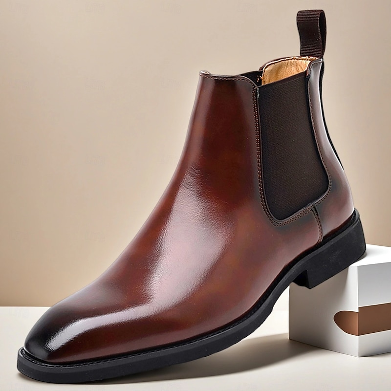 Men's Polished Brown Faux Leather Chelsea Boots with Elastic Side Panels, Classic Business Dress Boots for Office Wear, Weddings and Evening Events