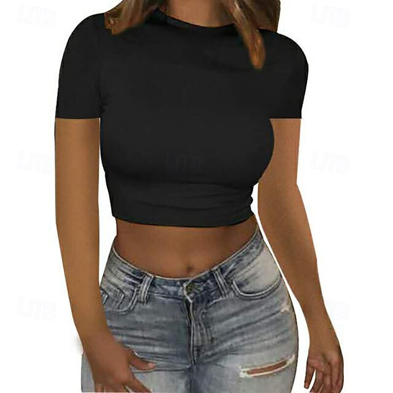 Women's Wrap Crop Top Plain Stylish Short Sleeve Crew Neck Regular Tops Black White Wine Blue Brown Summer4