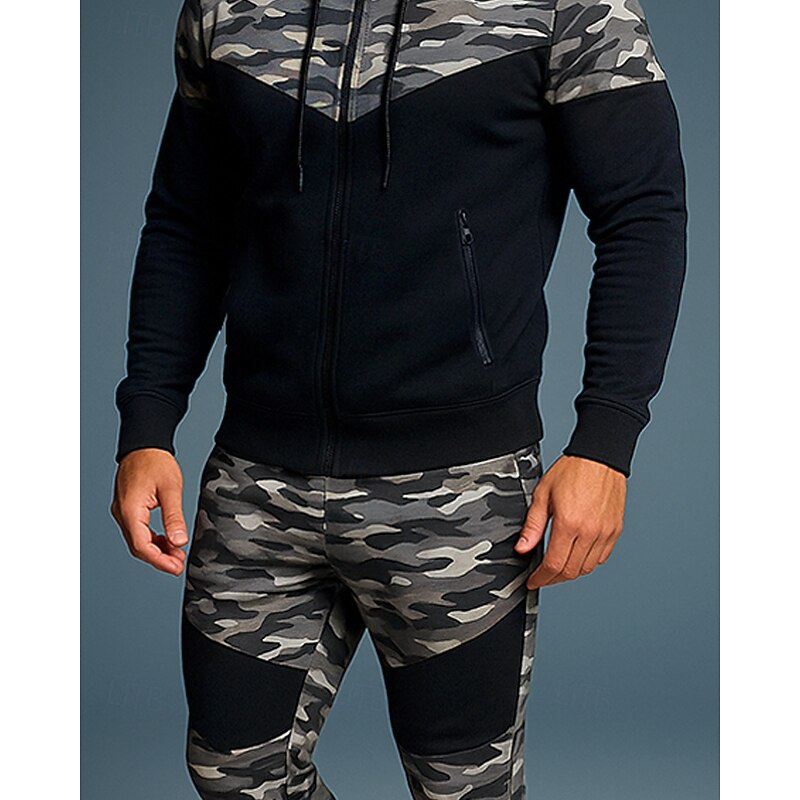 Men's Tracksuit Jogging Suit Sweatsuit Sets Full Zip Camouflage Clothing Suit Fall Light Grey Green Gym Basekeball Workout High Waist Fashion Long Sleeve Sport Activewear Micro-elastic Regular Fit3