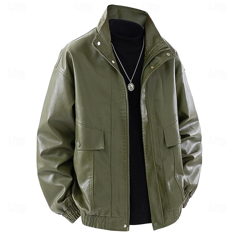 Men's Faux Leather Jacket Motorcycle Jacket Outdoor Casual Windbreaker Zipper Fall Winter Solid Color Punk Active Stand Collar Regular Black Green Khaki Jacket