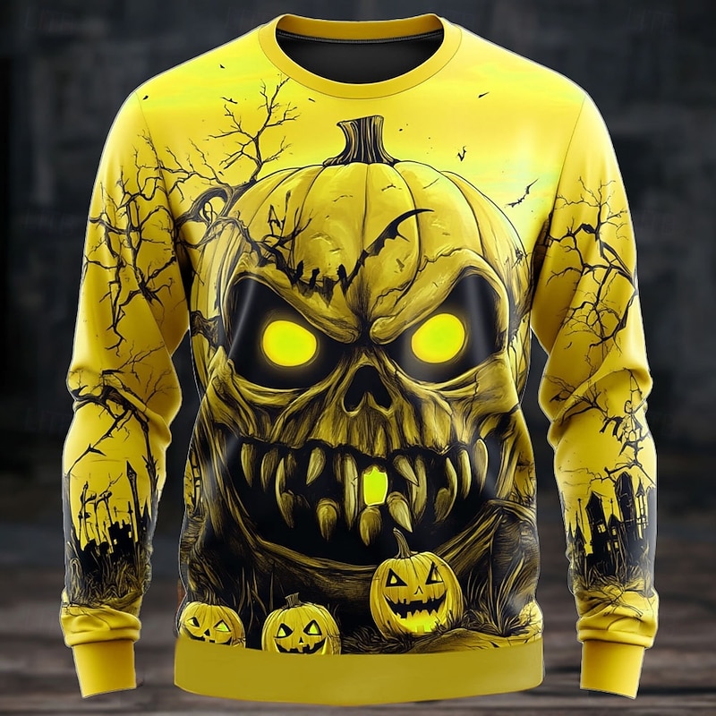 Halloween Men's Pumpkin Sweatshirt Punk Party Long Sleeve Crew Neck Vacation Yellow Purple Crewneck 3D All Seasons Designer2