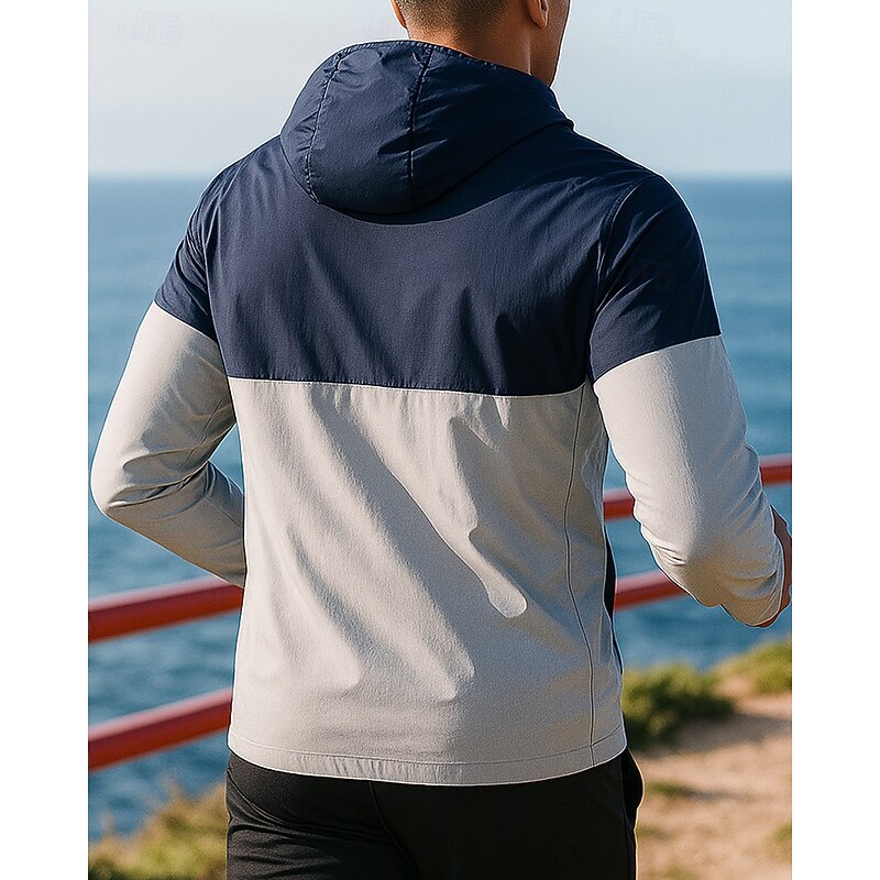 Men's Hooded Jacket Sport Jacket Long Sleeve Top Athleisure Fall Color Block Sun Protection Lightweight Outdoor Travel Sports Sportswear Activewear White Blue Green2