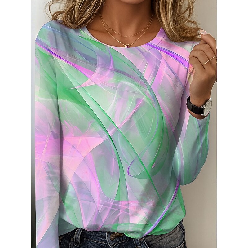 Women's T shirt Crew Neck Long Sleeve Tunic Graphic Geometric Striped Vintage Stylish  Regular Tops Daily Print Purple Orange Green Spring Fall3