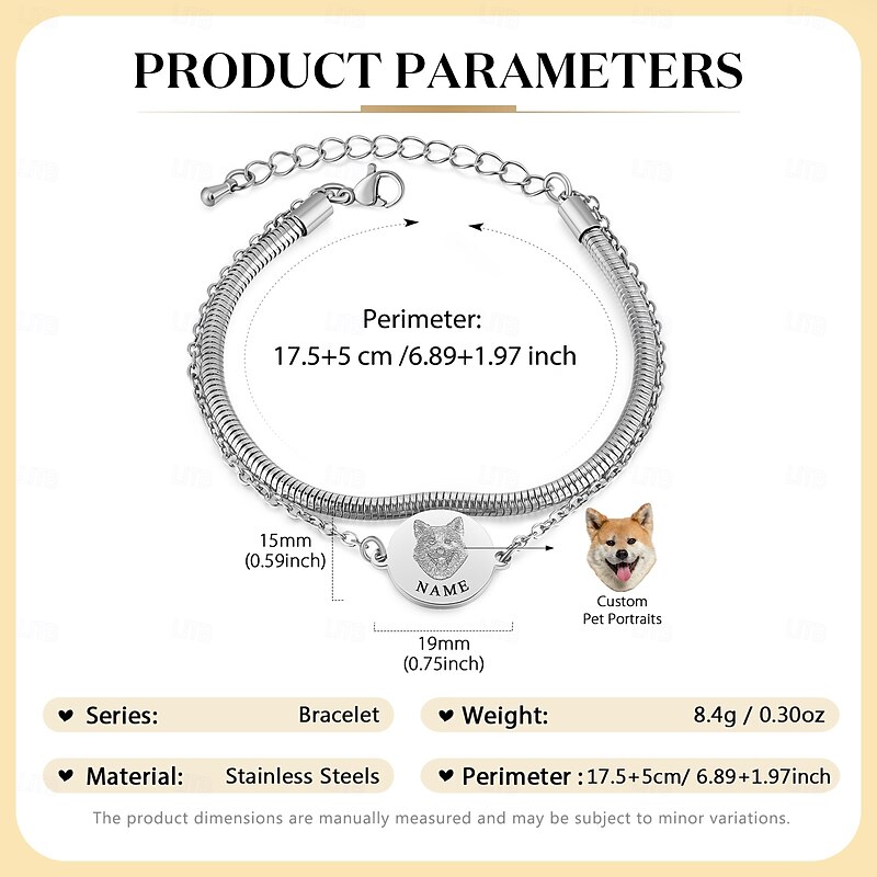 Personalized Pet Photo Memorial Bracelet, Custom Laser Engraved Double Chain Stainless Steel Wristband, Gold/Silver Keepsake Jewelry Gift for Mom, Dad, Couples2