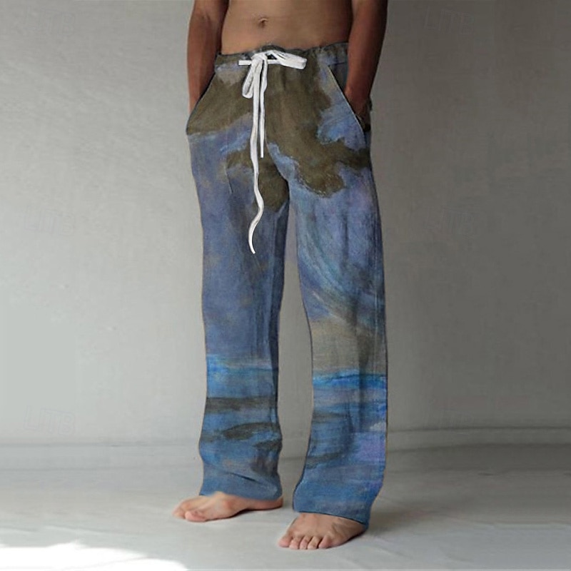 Men's Trousers Summer Pants Baggy Beach Pants Elastic Drawstring Design Front Pocket Straight Leg Graphic Prints Landscape Comfort Soft Casual Daily For Vacation Linen Like Fabric Fashion Streetwear2