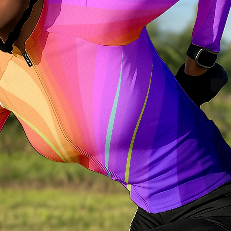 Women's Cycling Jersey Graphic Rainbow Gradient Long Sleeve Bike Jersey Top with 3 Rear Pockets Sunscreen UV Resistant Quick Dry Reflective Strips Sports Purple Clothing Apparel3
