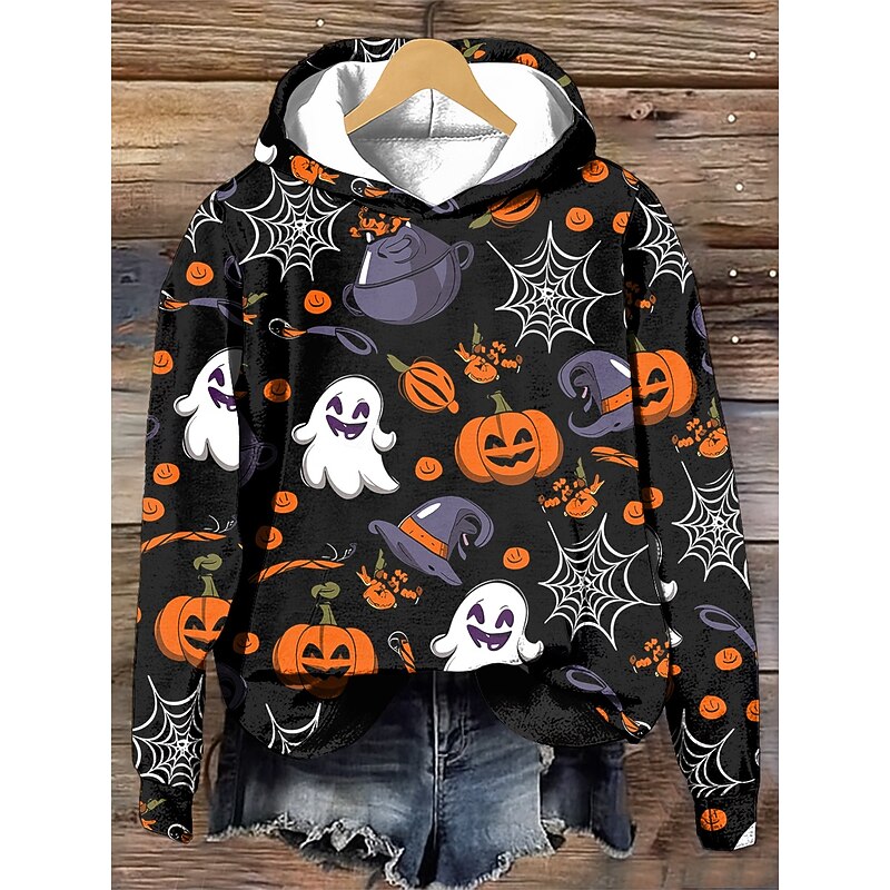 Halloween Women's Hoodie Pullover Sweatshirt Oversized Long Sleeve Casual Witch Graphic Fashion Print Hooded Regular Tops Street Dailywear Drawstring Print Black White Purple Orange Green Fall2
