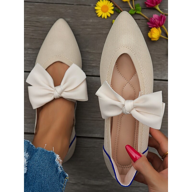 Women's Yellow Flyknit Flats with Bow – Breathable Lightweight Pointed Toe Shoes for Daily Wear and Picnics