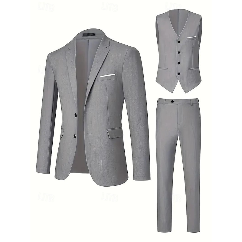 Men's Wedding Business Party Suits Notch Lapel Grey Formal Solid Colored Slim Fit 3 Piece Single Breasted Two-buttons3