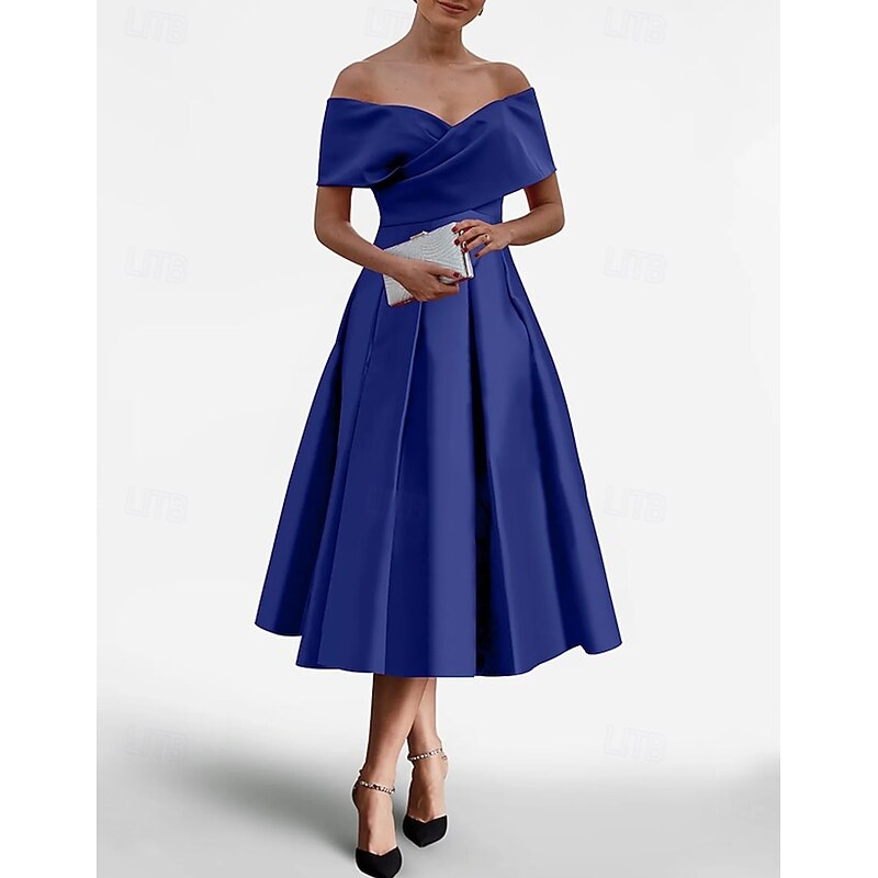 Dark Green A-Line Cocktail Dresses Elegant Dress Formal Wedding Tea Length Off Shoulder Stretch Satin with Pleats Ruched 20254
