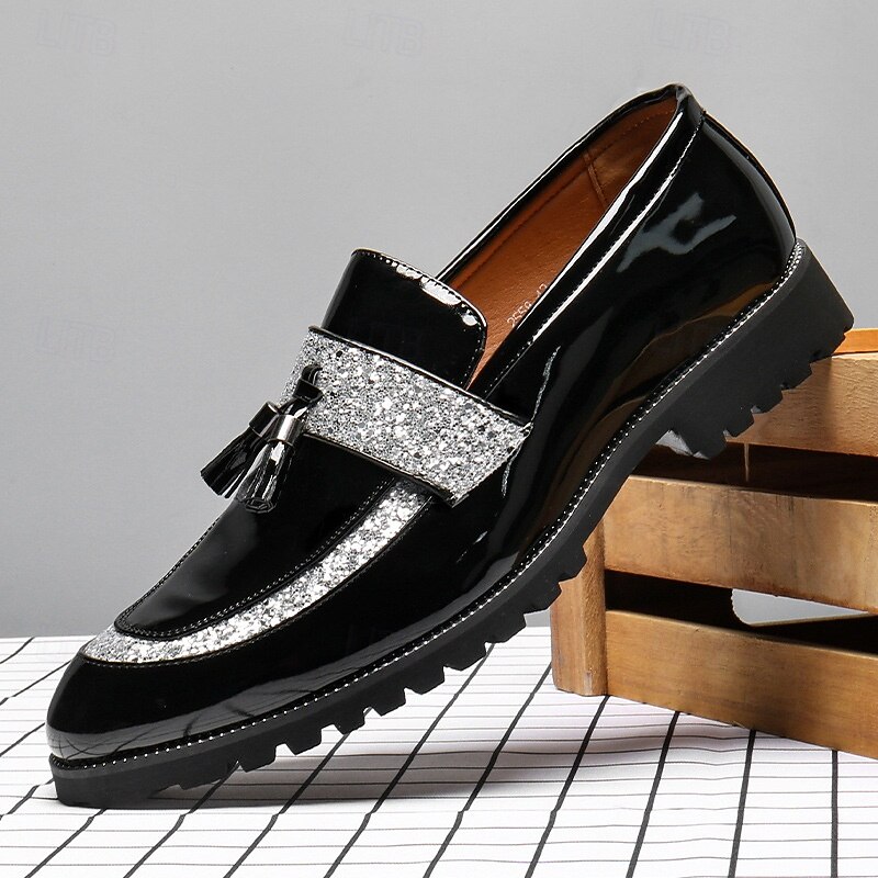 Men's Black Patent Leather Loafers with Glitter Strap – Fashion Slip-On Dress Shoes for Parties, Weddings and Evening Events