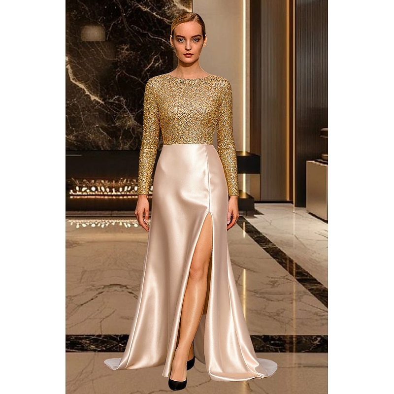 Black Tie Gold A-Line Evening Gown Elegant Dress Formal Wedding Sweep / Brush Train Long Sleeve Crew Neck Stretch Satin with Slit 2025