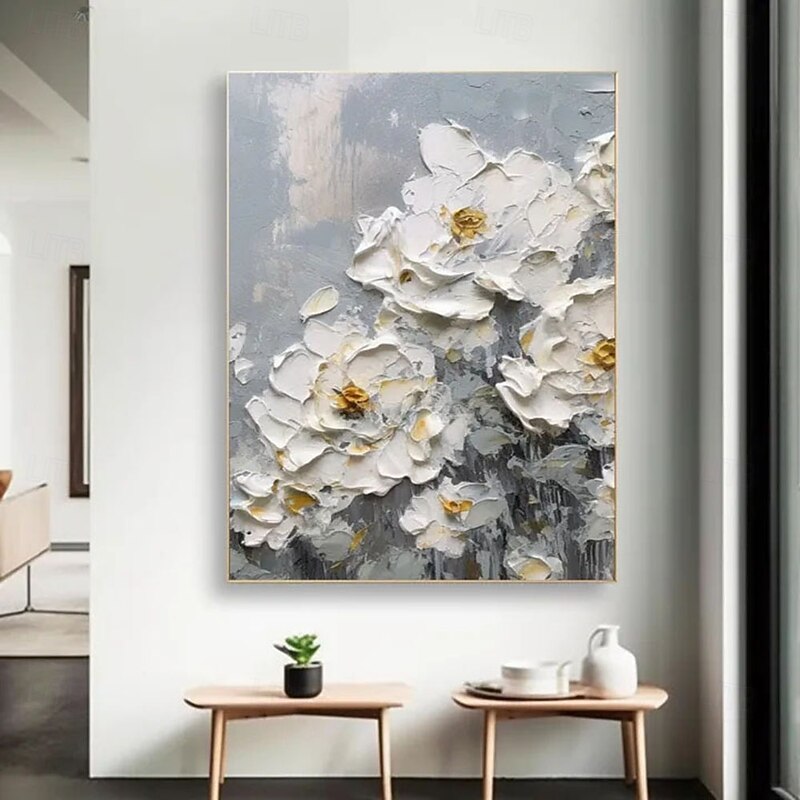 Handmade 3D white flower Oil Painting featuring Vibrant Floral Composition with White Peonies Showcasing Exquisite Impasto Technique and Rich Color Palette Perfect for Elegant Home Decor3