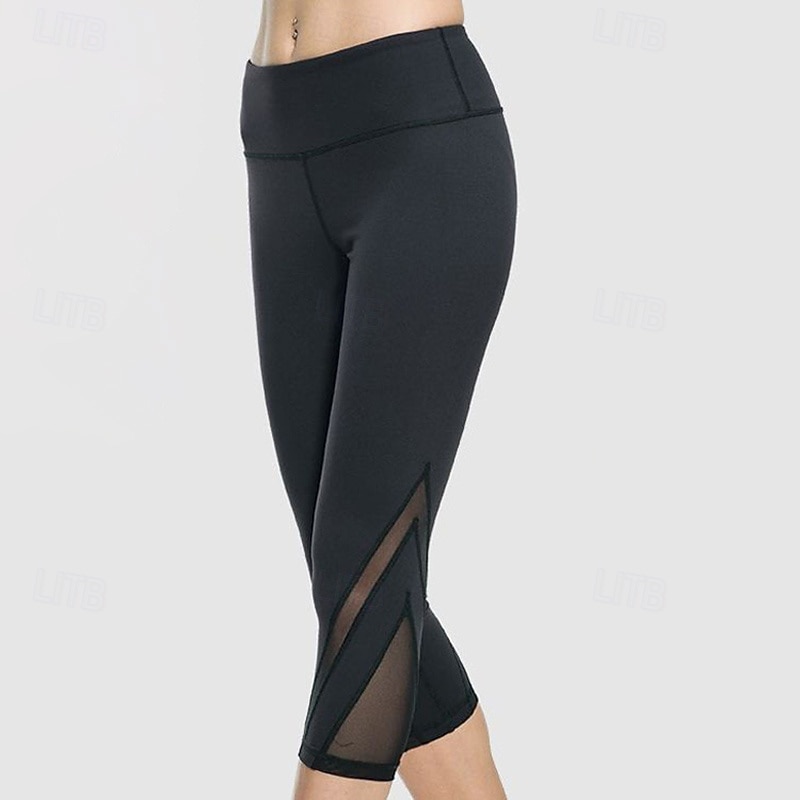 Women's Workout Bottons Sports Cropped Leggings Mesh Tummy Control High Waist Athletic Pilates Running Bottoms Solid Color Black White Fall Sports Activewear3