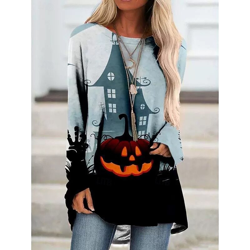 Halloween Women's T shirt Witch Graphic Animal Pumpkin Vintage Stylish Classic Long Sleeve Crew Neck Round Neck Long Tops Daily Print Black Yellow Blue Orange Spring Fall4