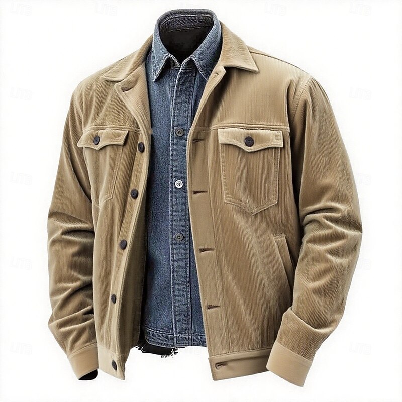 Men's Shirt Jacket Corduroy Jacket Casual Daily Breathable Pocket Classic Spring &  Fall Plain Classic Casual Lapel Regular Black White Khaki Army Green Jacket