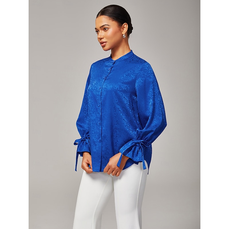 Women's Royal Blue Satin Shirt Subtle Jacquard Lustrous Satin Mini Stand Collar Bow Tie Strap Elegant Stylish Daily Work Fall4