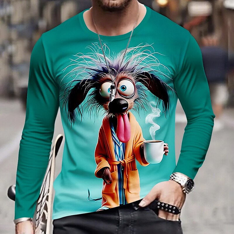 Men's Animal Funny T Shirt Long Sleeve T shirt 3D Print Crew Neck Shirt Fashion Basic Street Casual Daily Pink Blue Dark Gray Summer Spring Clothing Apparel S M L XL XXL XXXL