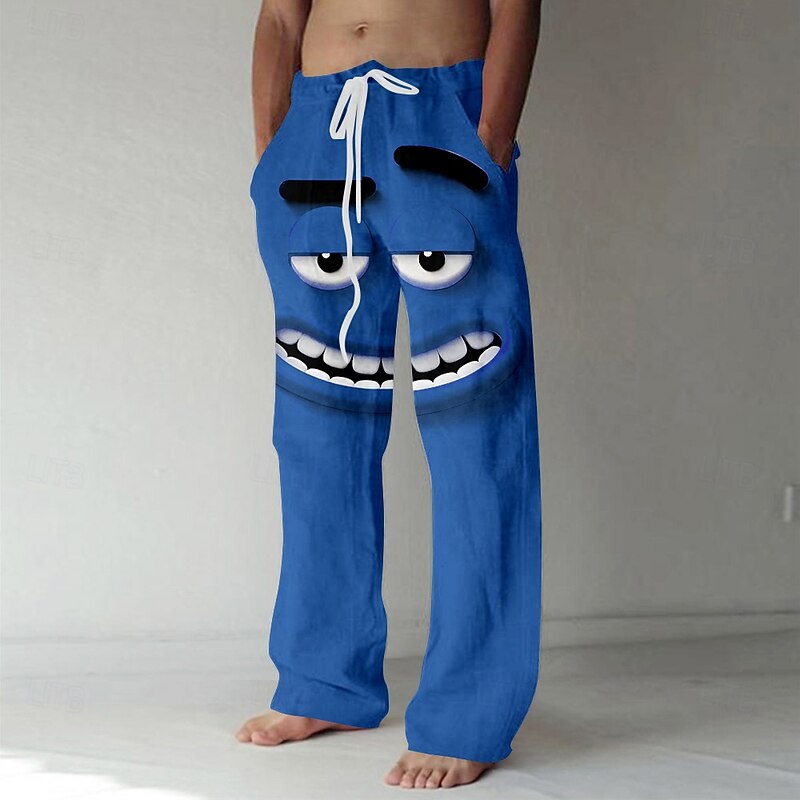 Men's 3D Cartoon Smile Face Trousers Baggy Pants Casual Pants Mid Waist Funny Outdoor Vacation Elastic Drawstring Waist Linen-Like Pants with Pockets Summer Spring Fall 3D Print Blue Purple Orange2