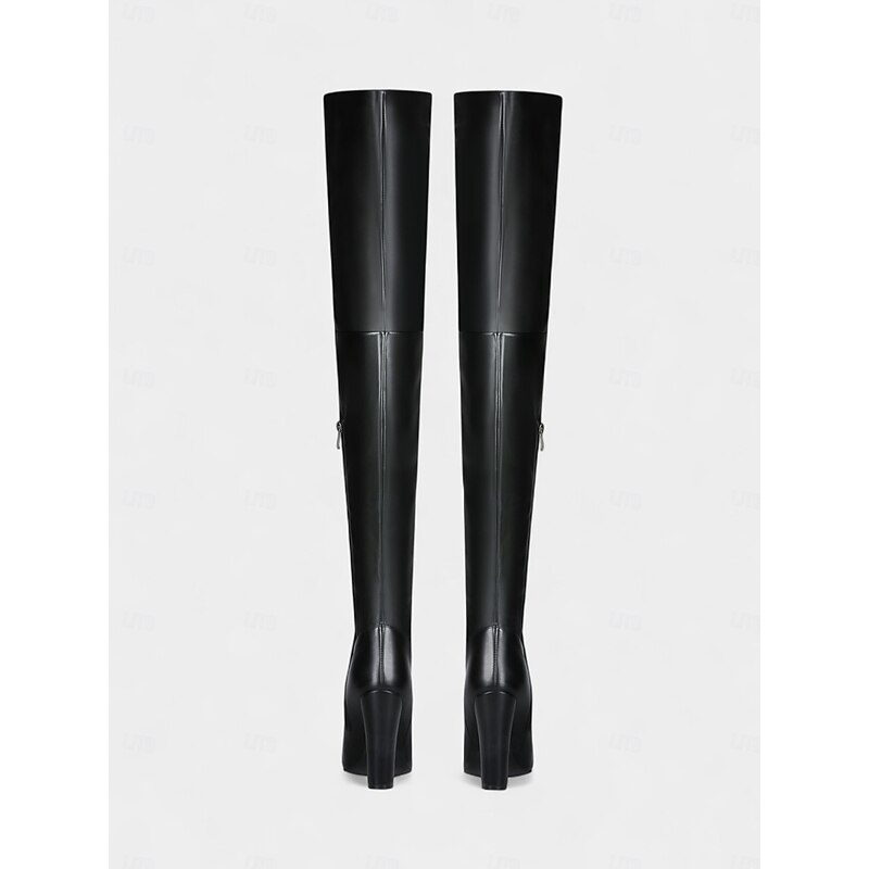 Women's Black Faux Leather Over-the-Knee Boots - High Block Heel, Side Zipper, Chic Street Style Winter Footwear for Daily, Nights Out and Fashion Events4