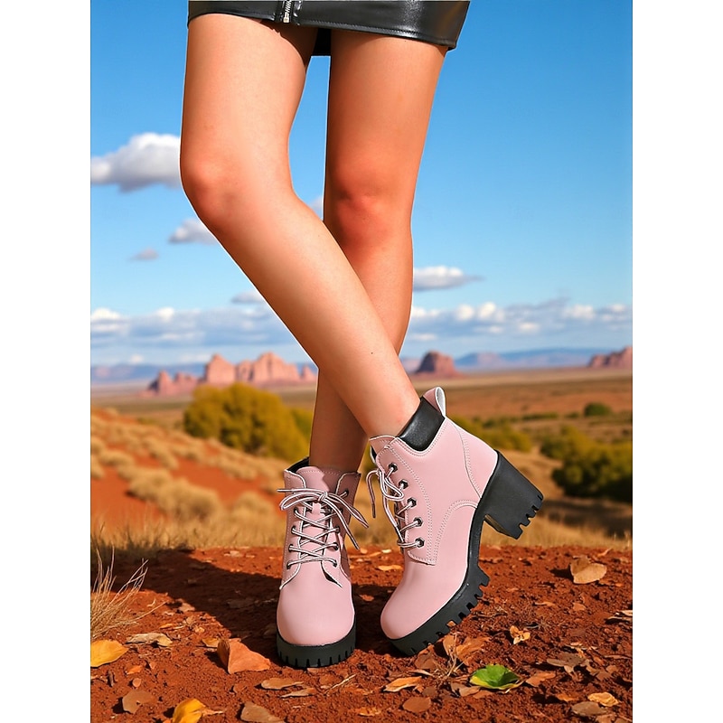 Women's Pink Lace-Up Ankle Boots with Chunky Heels and Lug Soles -Trendy Urban Fashion Footwear for Street Style Outfits