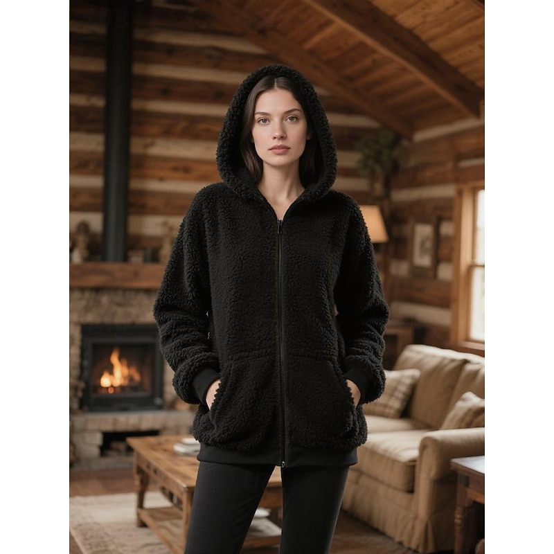 Women's Fleece Jacket Hoodie Jacket Warm Comfortable Zipper Pocket Elegant Fashion Outdoor Solid Color Going out Casual Daily Weekend Zipper Regular Hooded Regular Fit Long Sleeve Outerwear Black