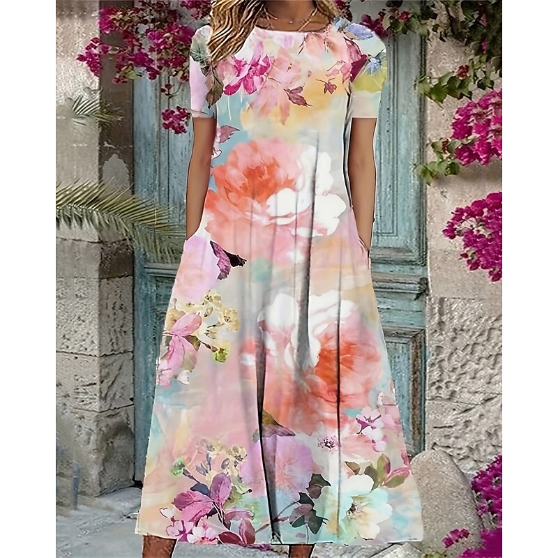 Women's Midi Dress Casual Dress Summer Dress Fashion Modern Daily Beach Weekend Regular Fit Flower Short Sleeve Crew Neck White Pink Summer Spring