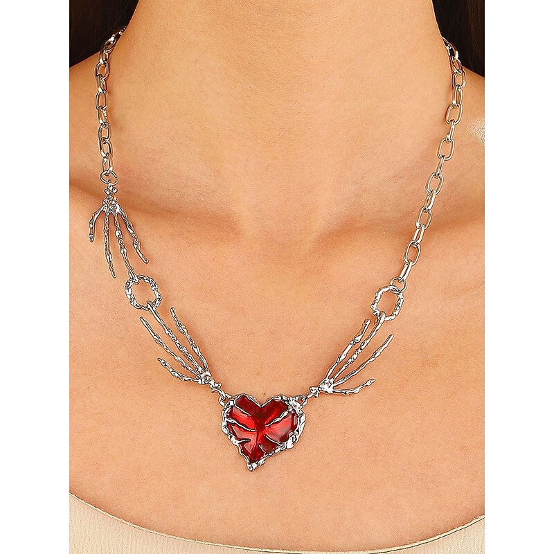 Women's Halloween Skeleton Hand Heart Necklace, Gothic Punk Red Gem Pendant Chain Jewelry for Costume Parties and Cosplay