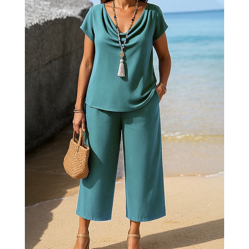 Women's Active Blouse Pants Sets Short Sleeve V Neck Solid Color Ruched Daily Wear Going out Weekend Navy Blue Blue Purple Summer Regular Fit